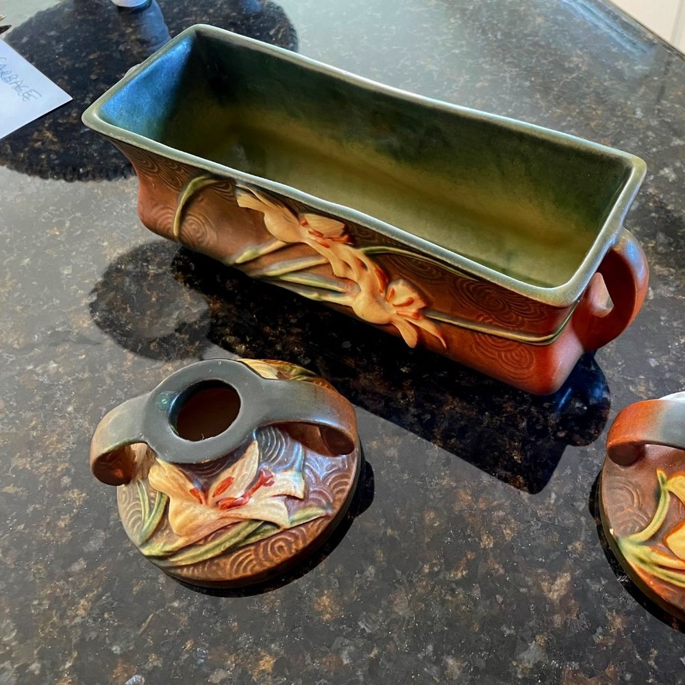 Vintage Roseville console bowl and matching candle holders.